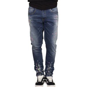 NWT M. SOCIETY mens 38x30 skinny Fit paint Splatter blue Straight Jeans STRETCH